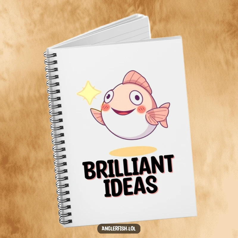 Funny anglerfish notebook depicting a smiling creature offering its light, encouraging writing and planning with a humorous, guiding theme.