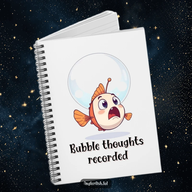 Funny anglerfish notebook showing a surprised anglerfish encountering a giant, friendly bubble floating past.