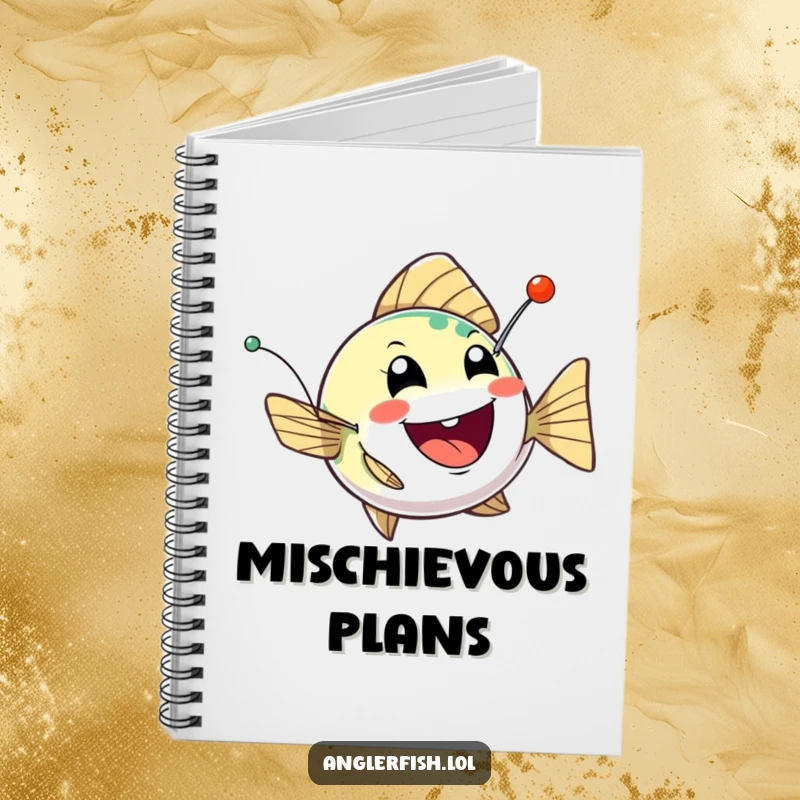 Funny anglerfish notebook featuring a cheerful creature bobbing with a twinkling, mischievous lure, perfect for jotting down playful ideas.