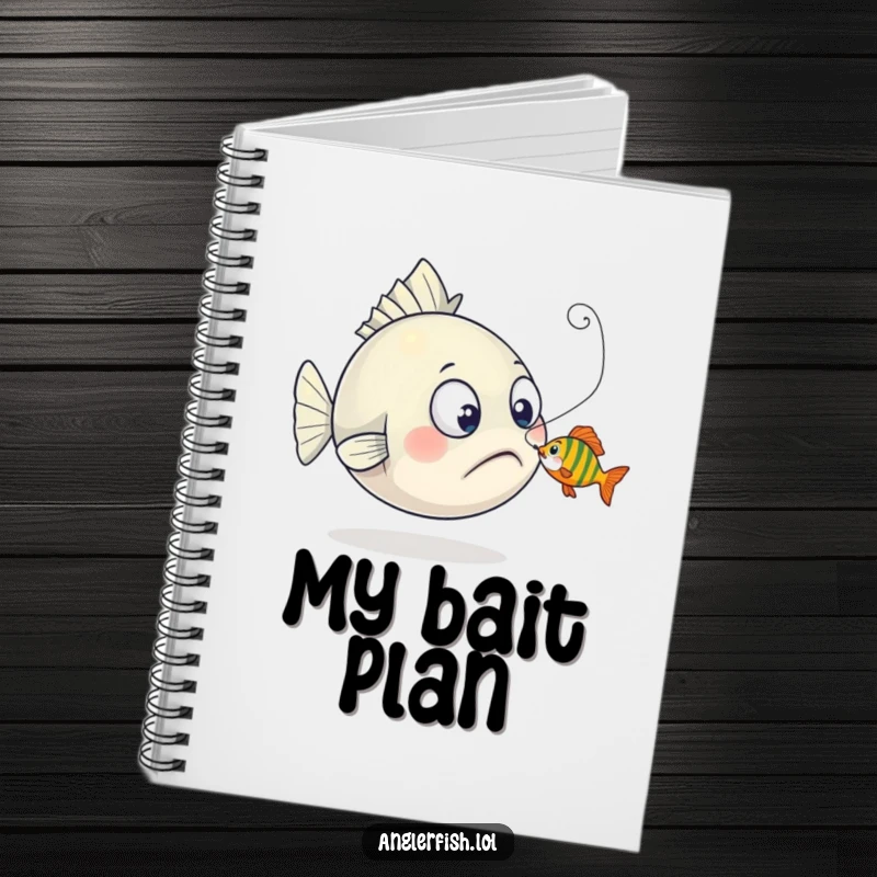 Funny anglerfish notebook depicting a surprised creature as a tiny fish playfully nibbles its lure, ideal for journaling with humor.