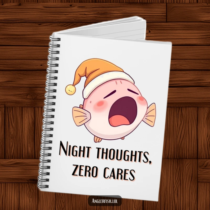Funny Anglerfish Notebook with a cute anglerfish yawning and wearing a glowing nightcap, perfect for jotting down funny thoughts and ideas.