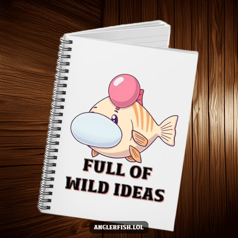Funny anglerfish notebook featuring a cheerful creature with cheeks inflated like balloons. Humorous and whimsical stationery, great funny gift.