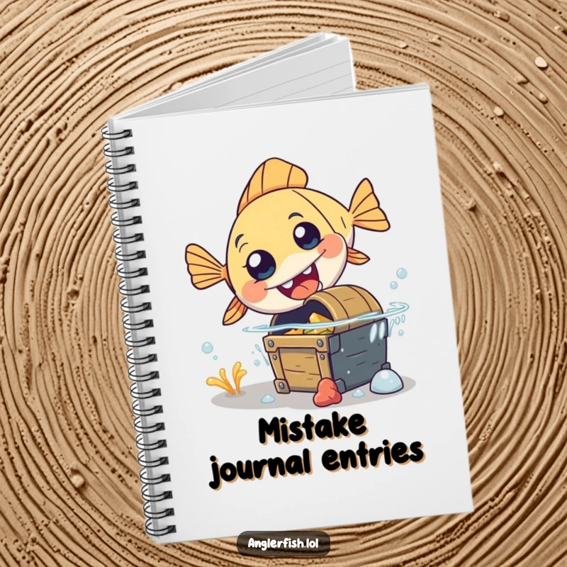 Funny anglerfish notebook with a surprised, clumsy anglerfish tripping over treasure, perfect for jotting notes.