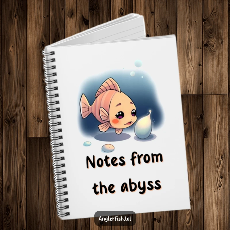 Funny anglerfish notebook showcasing a curious anglerfish investigating a sparkly object in the deep dark sea.