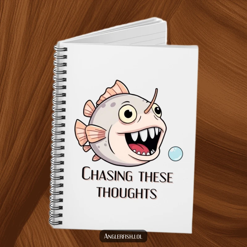 Funny anglerfish notebook with a gaping, joyful mouth comically chasing a tiny bubble, inspiring humorous writing.