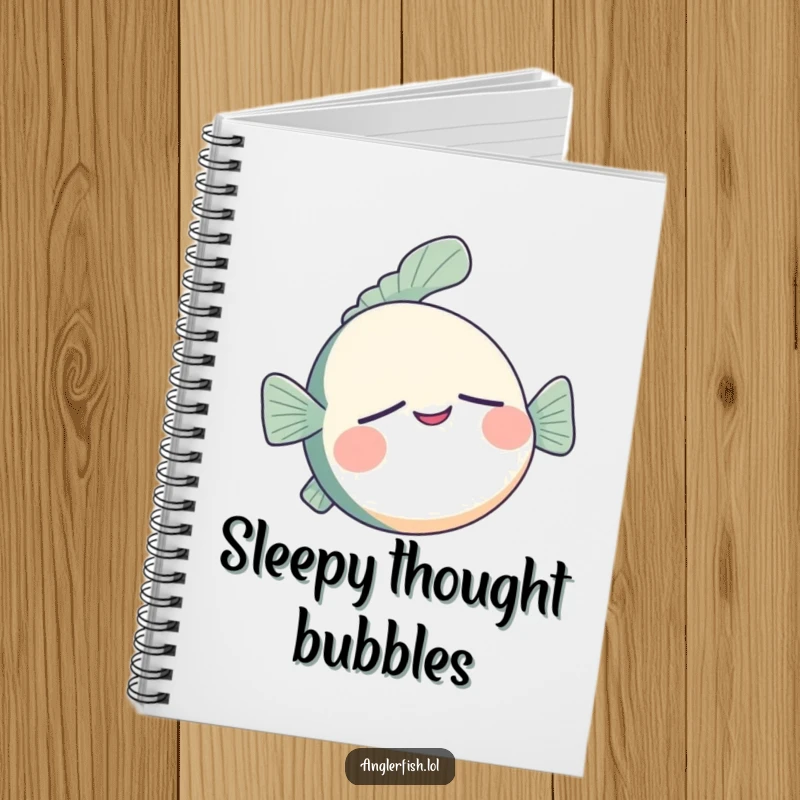 Funny anglerfish notebook with a sleepy anglerfish floating upside down with a contented smile, perfect for jotting ideas.