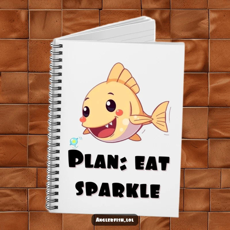 Funny Anglerfish Notebook showing an anglerfish character excitedly chasing a tiny, sparkling plankton, perfect for capturing creative ideas.