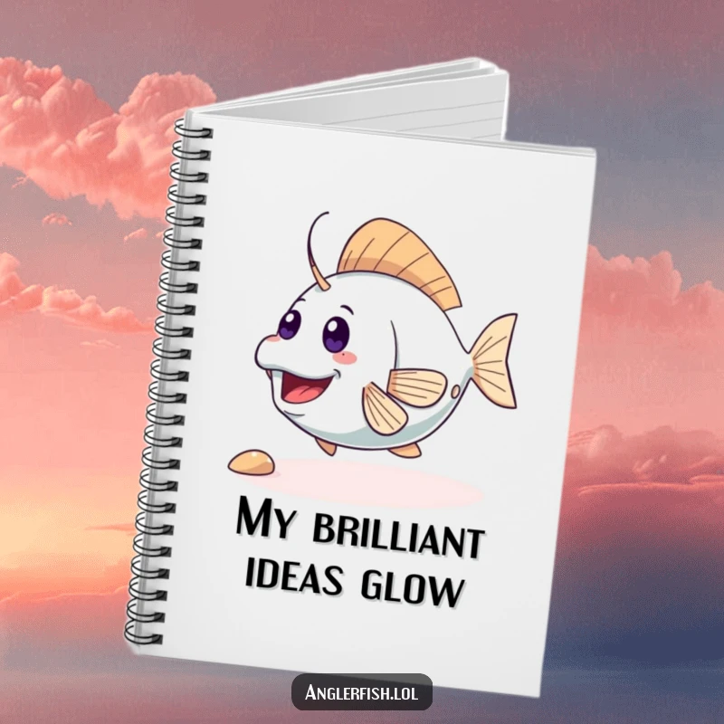 Funny cute anglerfish notebook featuring an excited creature wiggling its tail, perfect for capturing thoughts with joy. Humorous stationery, great funny gift.