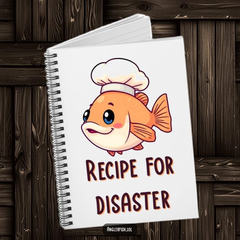 Funny Kawaii anglerfish notebook with a cute fish wearing a small glowing chef hat, great for recipes.