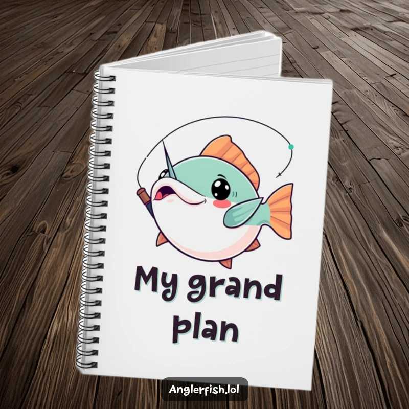 Funny Kawaii Anglerfish Notebook: Lined pages with a cute anglerfish on the cover, striking a dramatic pose with its lure aloft.