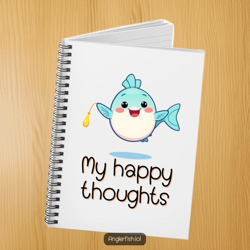 Funny kawaii anglerfish notebook, doing a happy dance with its glowing lure, perfect for jotting down joyful ideas.