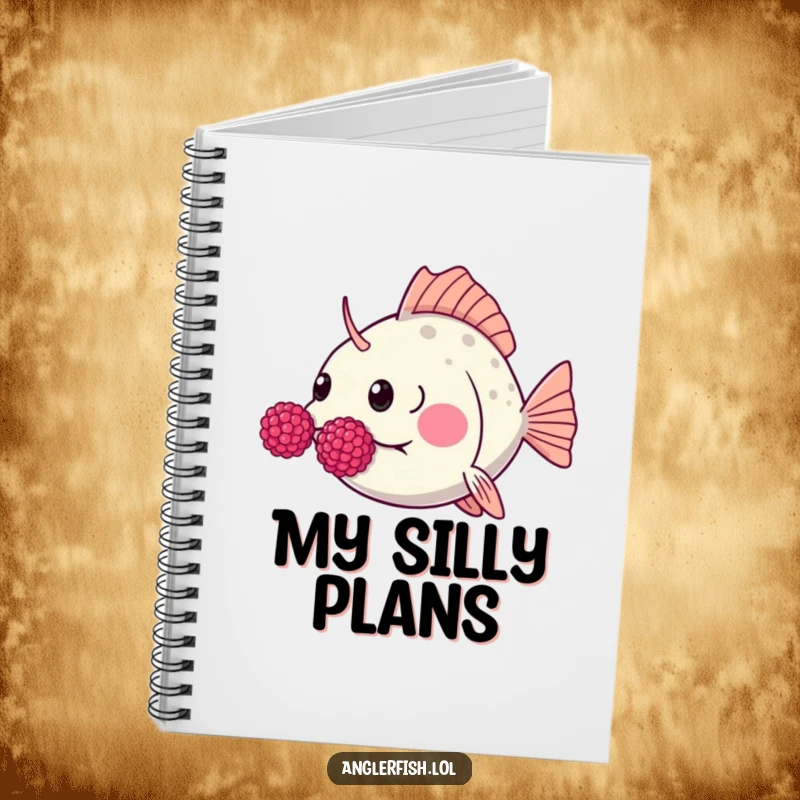 Funny Kawaii anglerfish notebook showing a cute anglerfish humorously blowing raspberries with puffed cheeks.