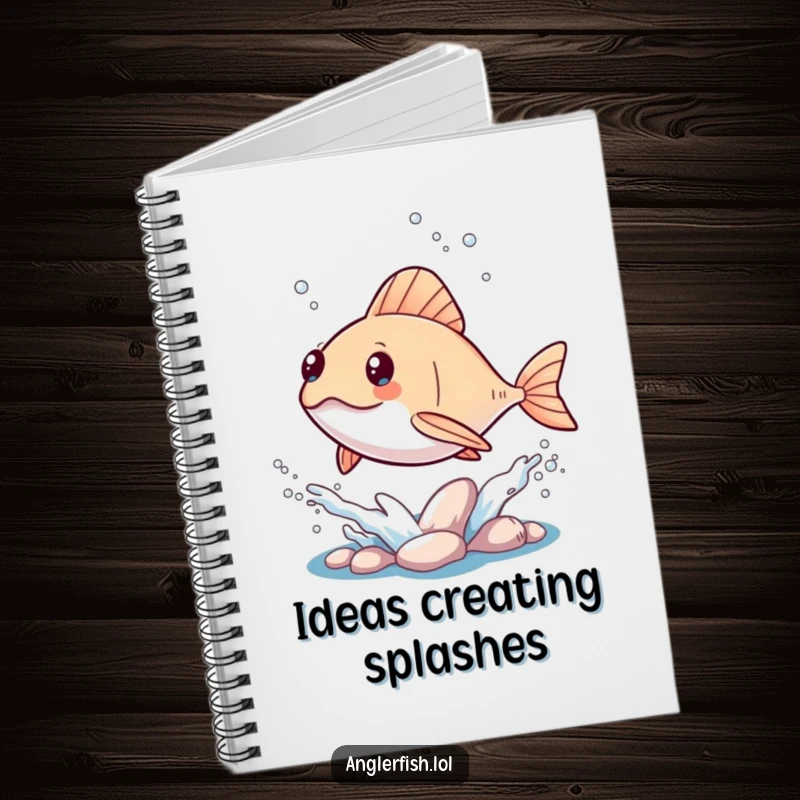 Funny Kawaii Anglerfish Notebook: A ruled notebook with a kawaii anglerfish leaping from the water, creating a playful splash.