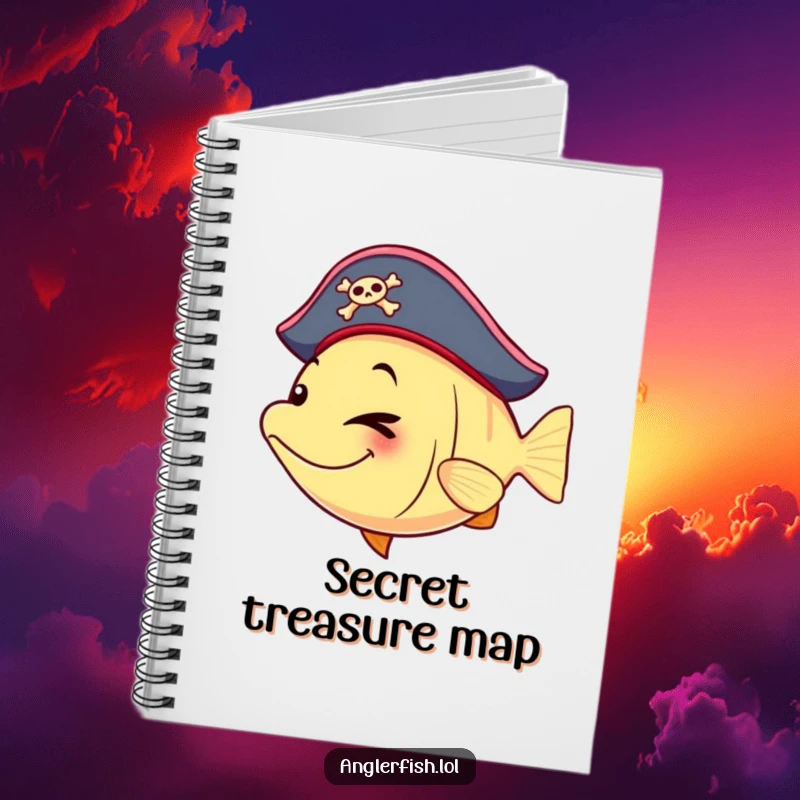 Funny anglerfish notebook with a pirate hat and a playful wink, perfect for jotting down adventures.