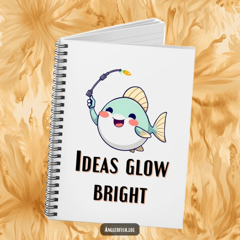 Funny anglerfish notebook with an excited anglerfish waving its lure, perfect for jotting down humorous ideas.