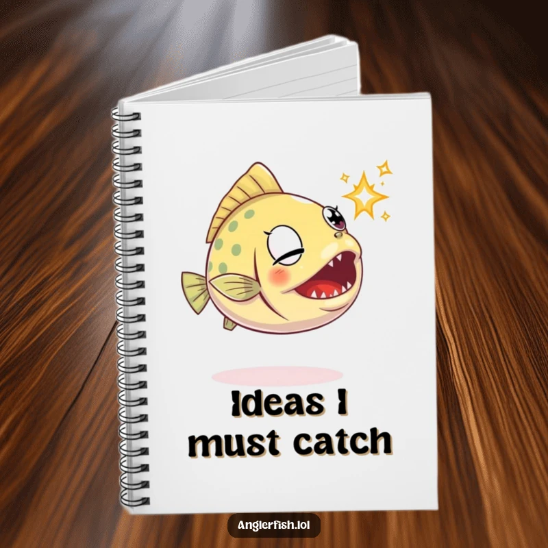 Funny anglerfish notebook showing a determined anglerfish attempting to catch a sparkle with its jaws open.