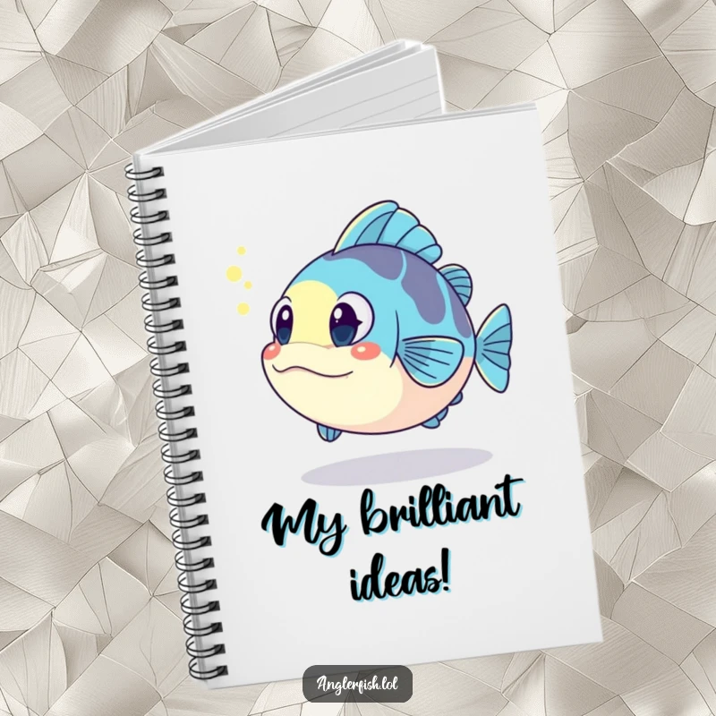 Funny kawaii anglerfish notebook, surprised at its reflection, perfect for writing funny notes and ideas.