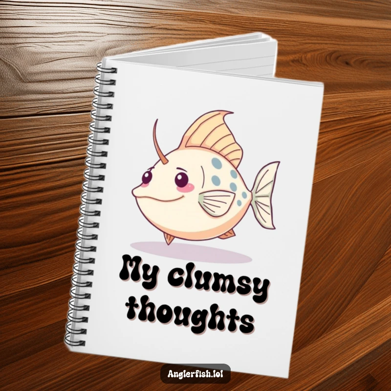Funny Kawaii anglerfish notebook showing a cute fish comically tripping over its tail, great for notes.