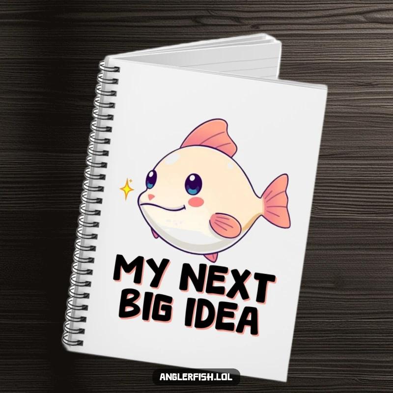 Funny kawaii anglerfish notebook, playfully chasing a tiny shimmering spark, perfect for jotting down playful ideas.