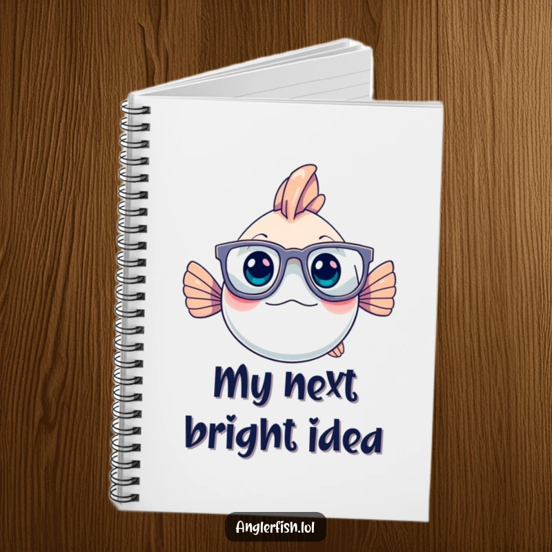 Funny anglerfish with large glasses, looking thoughtful, on the cover of a notebook, perfect for ideas.