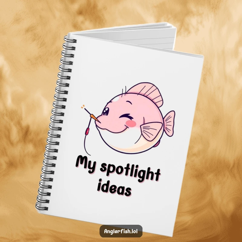 Funny kawaii anglerfish notebook, winking cheekily with its lure as a spotlight, perfect for jotting down witty ideas.