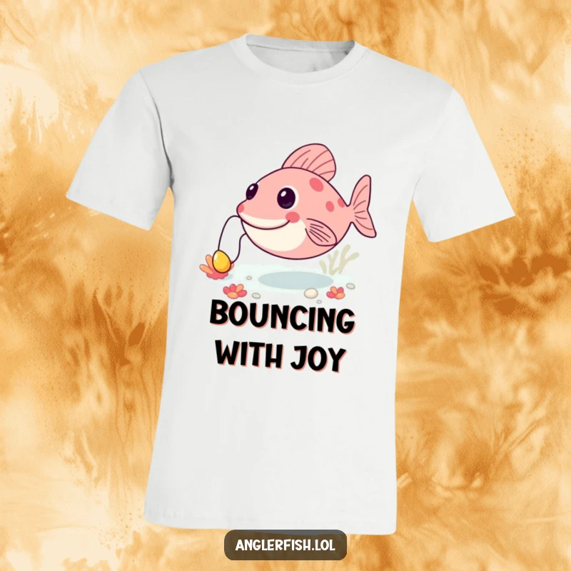 Funny anglerfish t-shirt depicting a creature happily bouncing on the seabed, its lure bobbing, capturing a sense of carefree fun.
