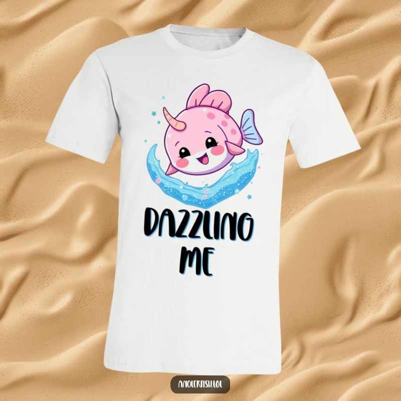 Funny Anglerfish Glitter Dive T-Shirt: An anglerfish character joyfully plunging into a swirling galaxy of shimmering glitter, full of energy.