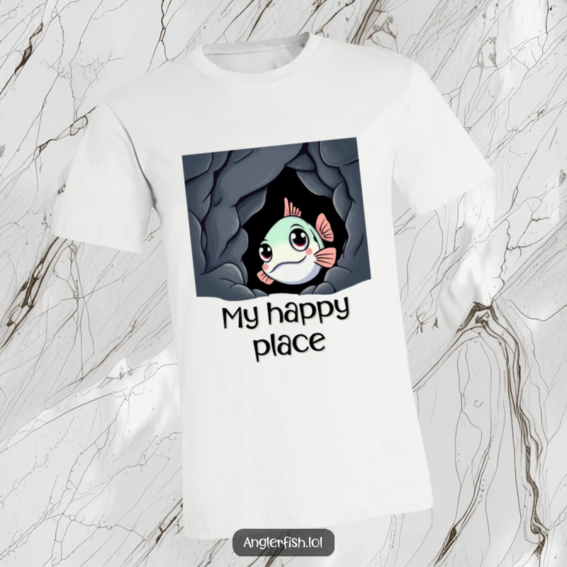 Funny anglerfish t-shirt depicting a curious creature emerging from a dark cave, conveying wonder and mystery for wearers.