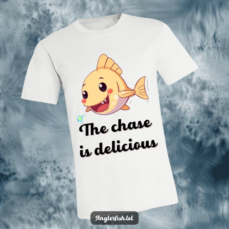 Funny Anglerfish T-Shirt featuring an anglerfish character enthusiastically chasing a tiny, sparkling plankton, perfect for ocean-themed humor.