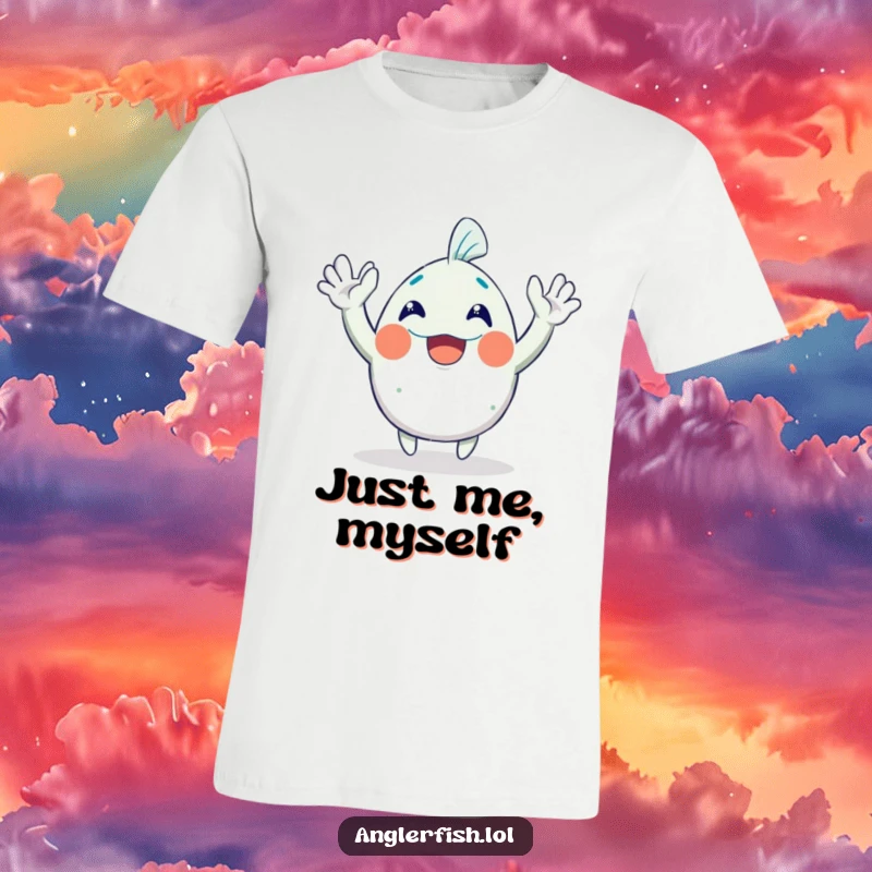 Funny Anglerfish T-Shirt: An excited anglerfish character enthusiastically waving both hands overhead, radiating pure, uninhibited joy and humor.