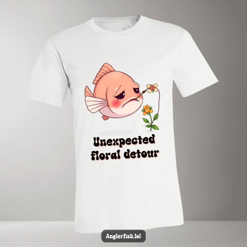 Funny t-shirt of a confused anglerfish whose lure is hilariously tangled with a tiny, delicate flower in the deep sea.