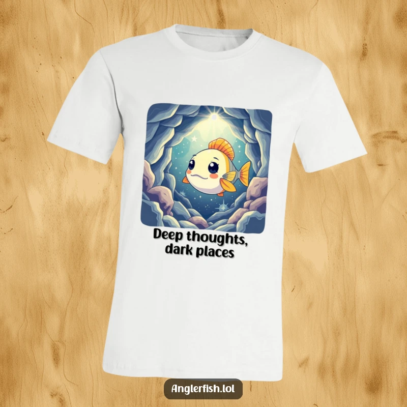 Funny t-shirt of a curious anglerfish shining its light into a mysterious, star-filled cavern, capturing the awe of deep-sea exploration.