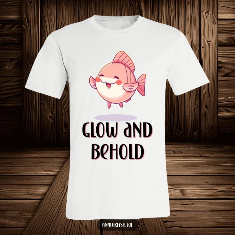 Funny Kawaii Anglerfish T-Shirt: An adorable anglerfish character performing a funny, silly dance bathed in a soft, enchanting glow.