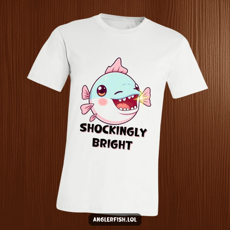 Funny Kawaii Anglerfish T-Shirt: Adorable anglerfish depicted with a comically exaggerated gasp and a brightly flashing bioluminescent lure.
