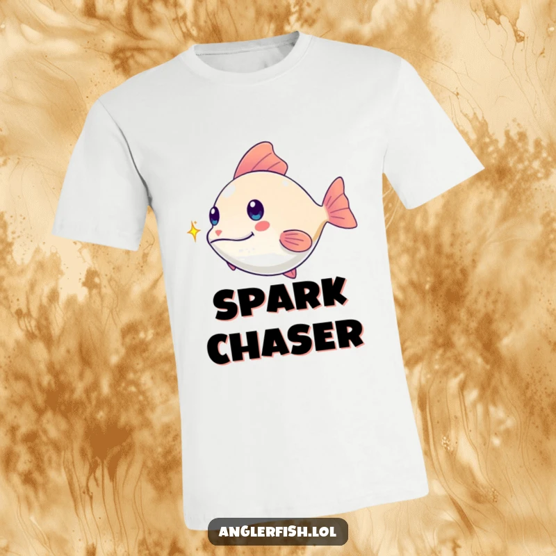 Funny kawaii anglerfish t-shirt, playfully chasing a tiny shimmering spark with joy, a fun and funny gift for sea creatures fans.