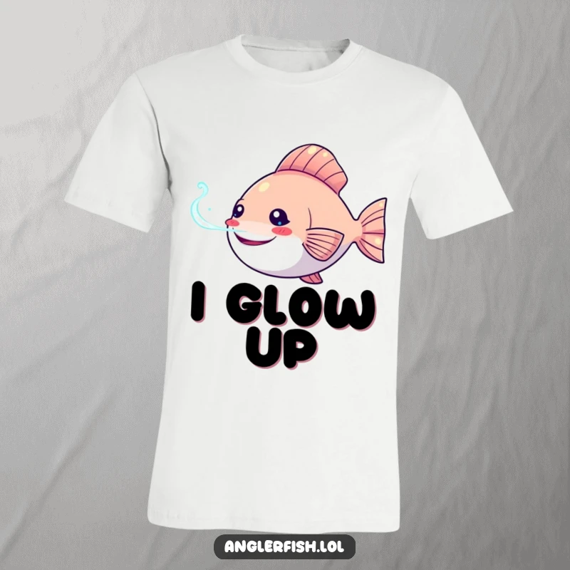 Funny Kawaii anglerfish t-shirt showing a happy fish with its bioluminescent lure glowing, ready to attract attention.