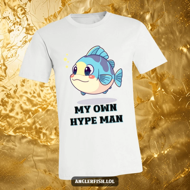 Funny kawaii anglerfish t-shirt, looking surprised at its own glowing reflection, a unique funny gift for marine life fans.
