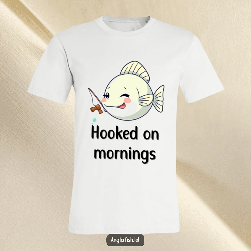 Funny Kawaii anglerfish t-shirt with a cute anglerfish winking charmingly while holding a miniature fishing rod.