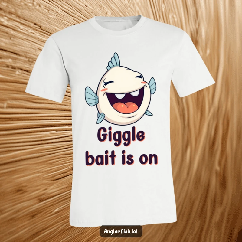 Funny anglerfish mid-laugh, mouth wide open, printed on a t-shirt, ideal for comedy lovers.