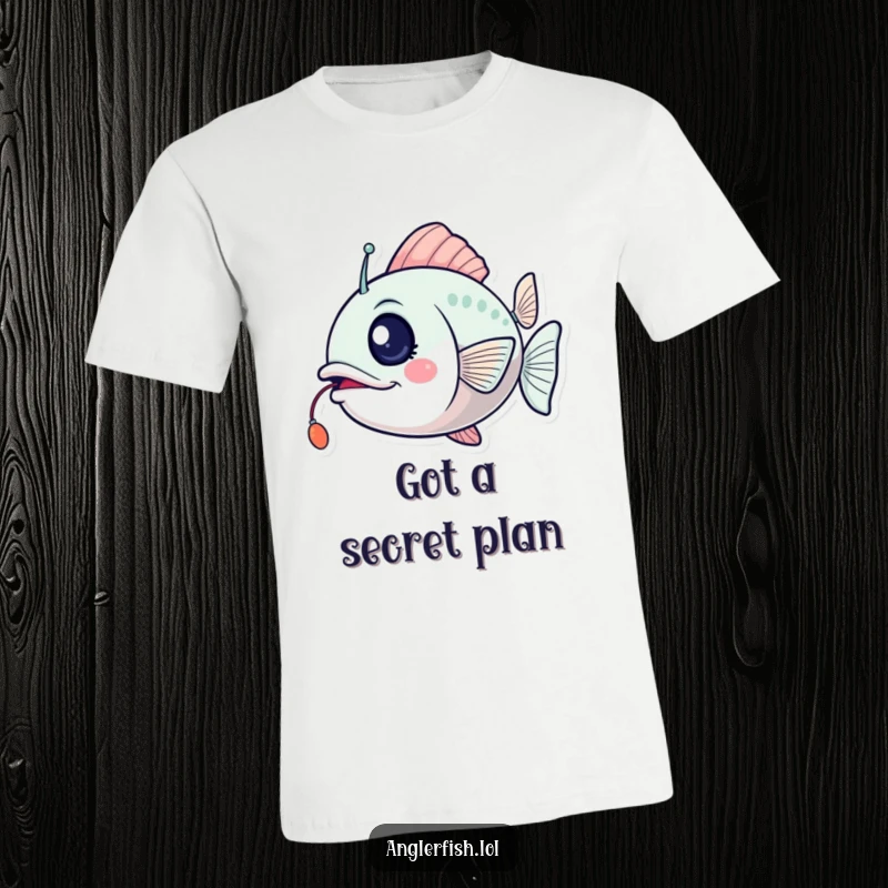 Funny anglerfish t-shirt featuring a wink and a flickering lure, conveying excitement and a humorous, mischievous spirit.