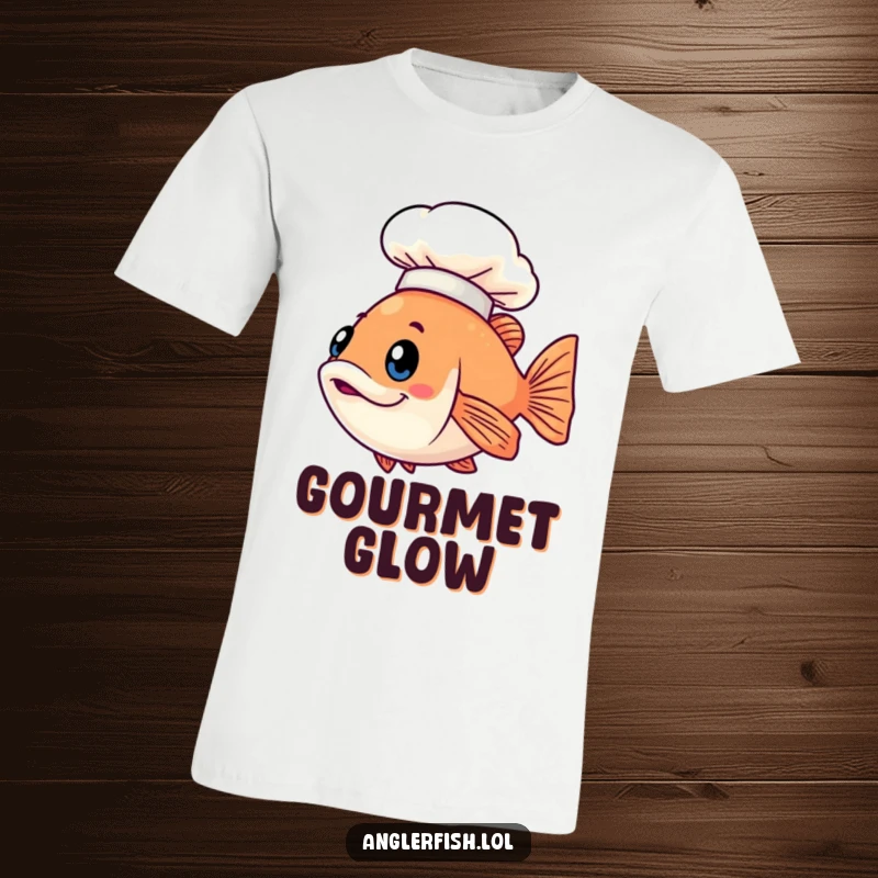 Funny Kawaii anglerfish t-shirt of a cute fish wearing a small illuminated chef hat, perfect for food lovers.