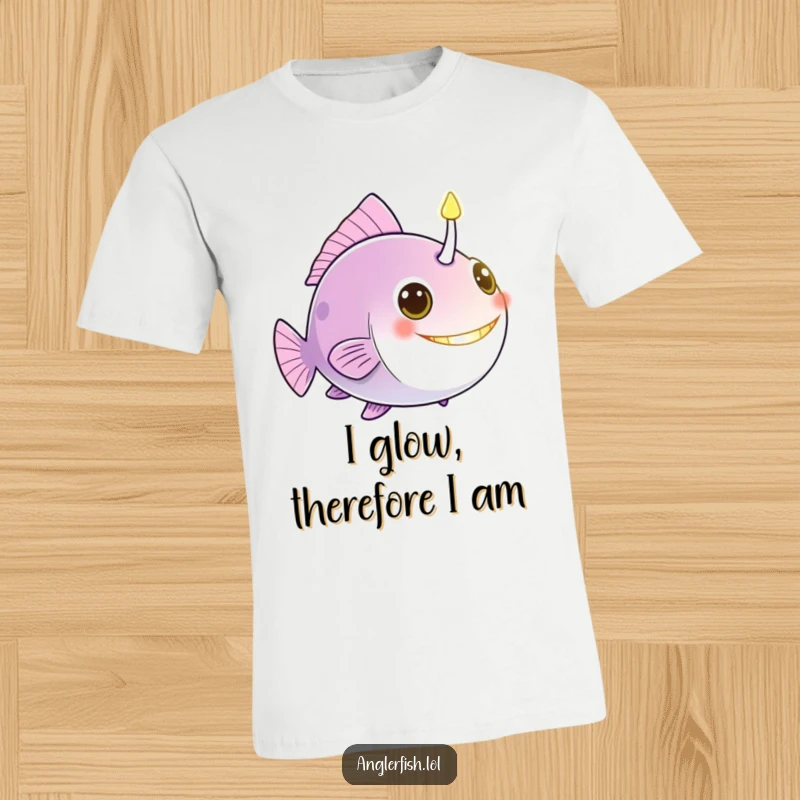 Funny anglerfish t-shirt featuring a glowing bioluminescent lure, symbolizing a friendly beacon and quirky, humorous charm.