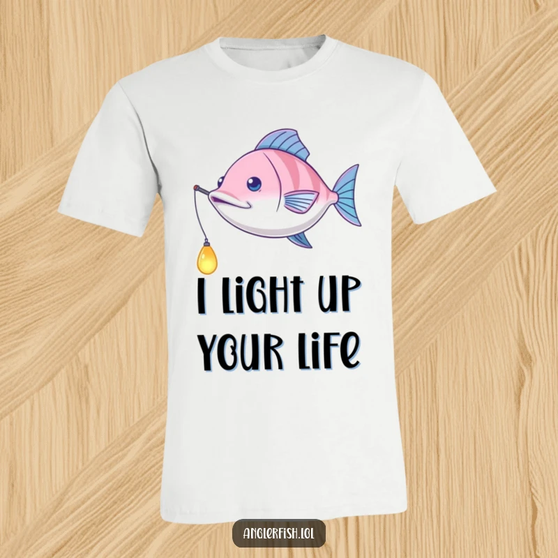 Funny Anglerfish T-Shirt: A deep-sea anglerfish actively swinging its glowing lure with a playful, pendulum-like motion.