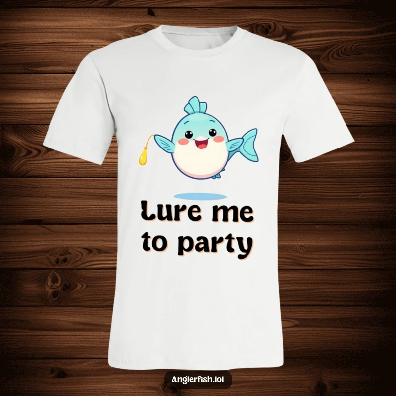 Funny kawaii anglerfish t-shirt, doing a happy dance with its glowing lure, a fun and funny gift for sea creature enthusiasts.