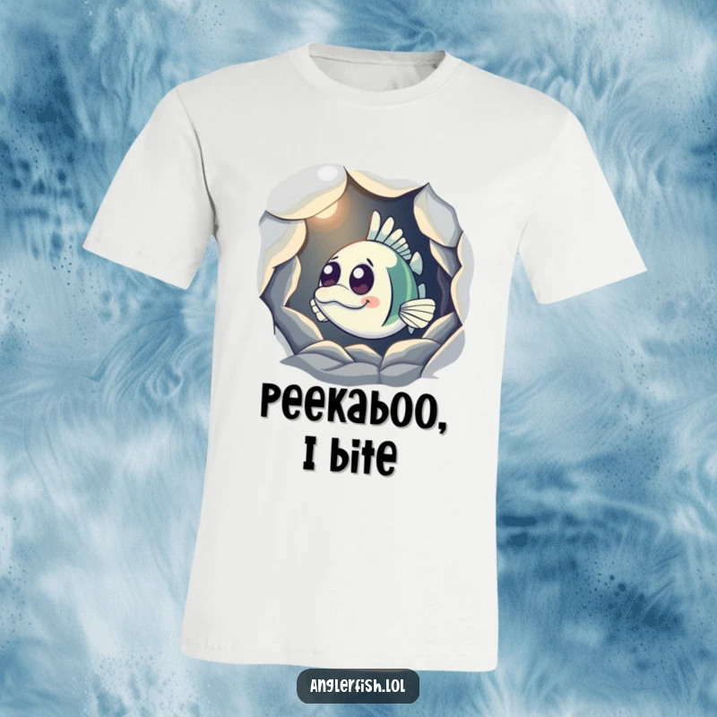 Funny Anglerfish T-Shirt showing a curious anglerfish peeking from a shadowy cave with its light illuminated, representing intrigue and humor.