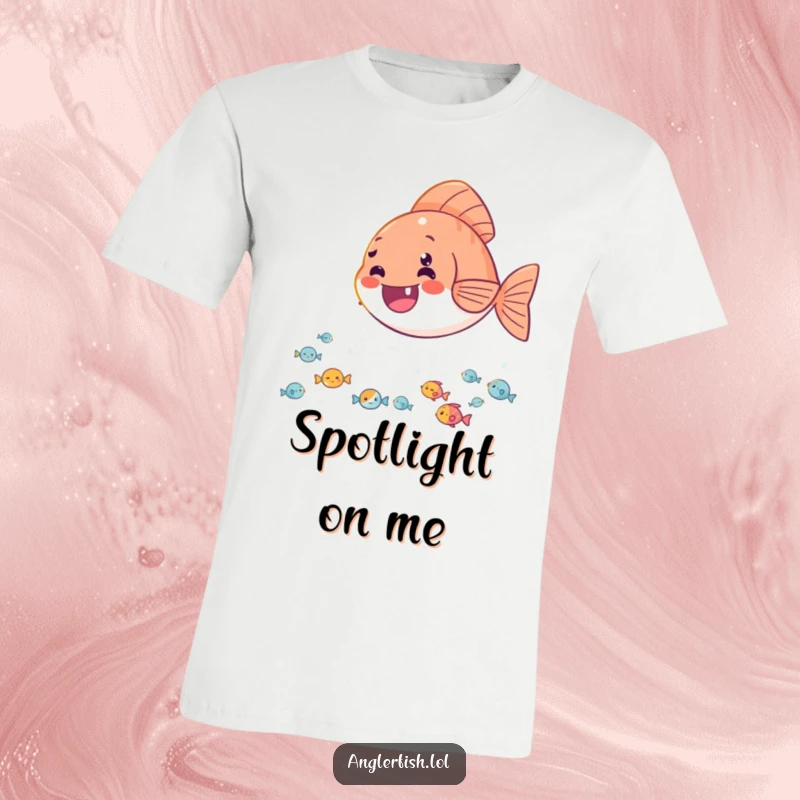 Funny t-shirt of a delighted anglerfish shining its light onto a crowd of happy, tiny fish viewers, creating a cheerful scene.