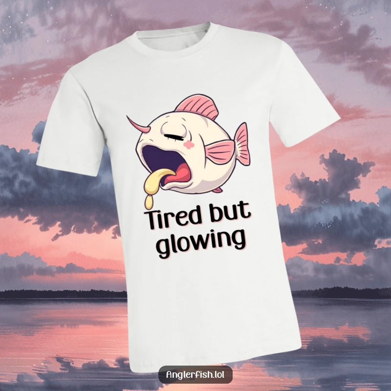 Funny t-shirt of a sleepy anglerfish yawning, its lure emitting a gentle, soft glow, ideal for cozy comfort.