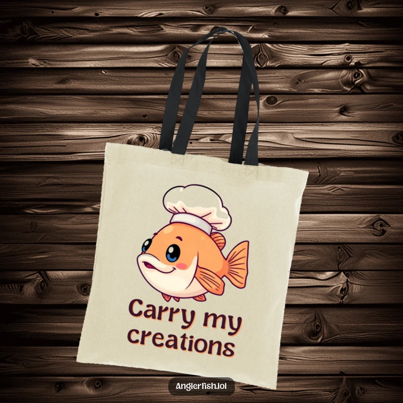 Funny Kawaii anglerfish tote bag with a cute fish wearing a small illuminated chef hat, perfect for groceries.