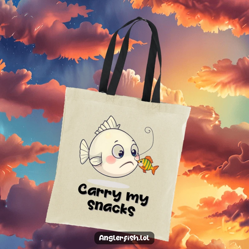 Funny anglerfish tote bag capturing a surprised creature's reaction as a tiny fish playfully nibbles its lure, a humorous accessory.