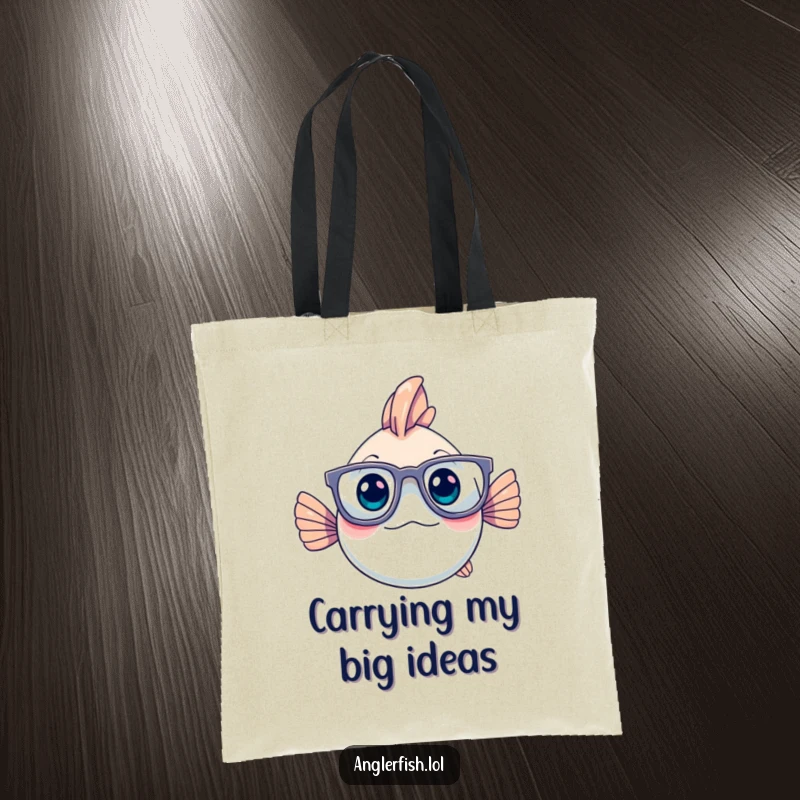 Funny anglerfish with sophisticated glasses, deep in thought, on a stylish tote bag, perfect for book lovers.